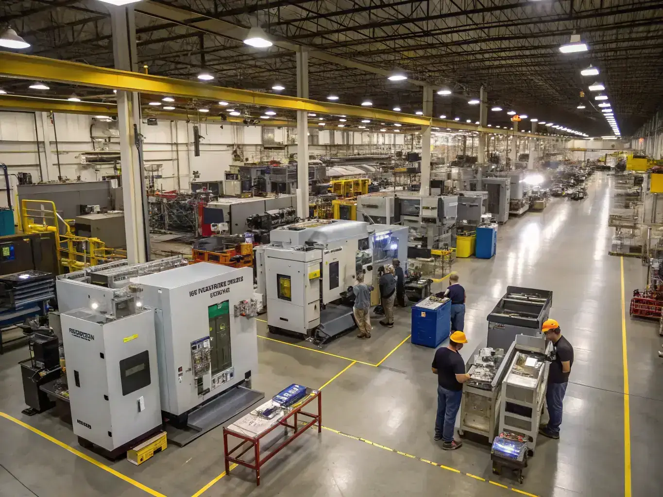 An image depicting a factory floor with various industrial machines operating, but one machine is highlighted with a warning sign indicating potential downtime. The image conveys the importance of preventing unexpected breakdowns.