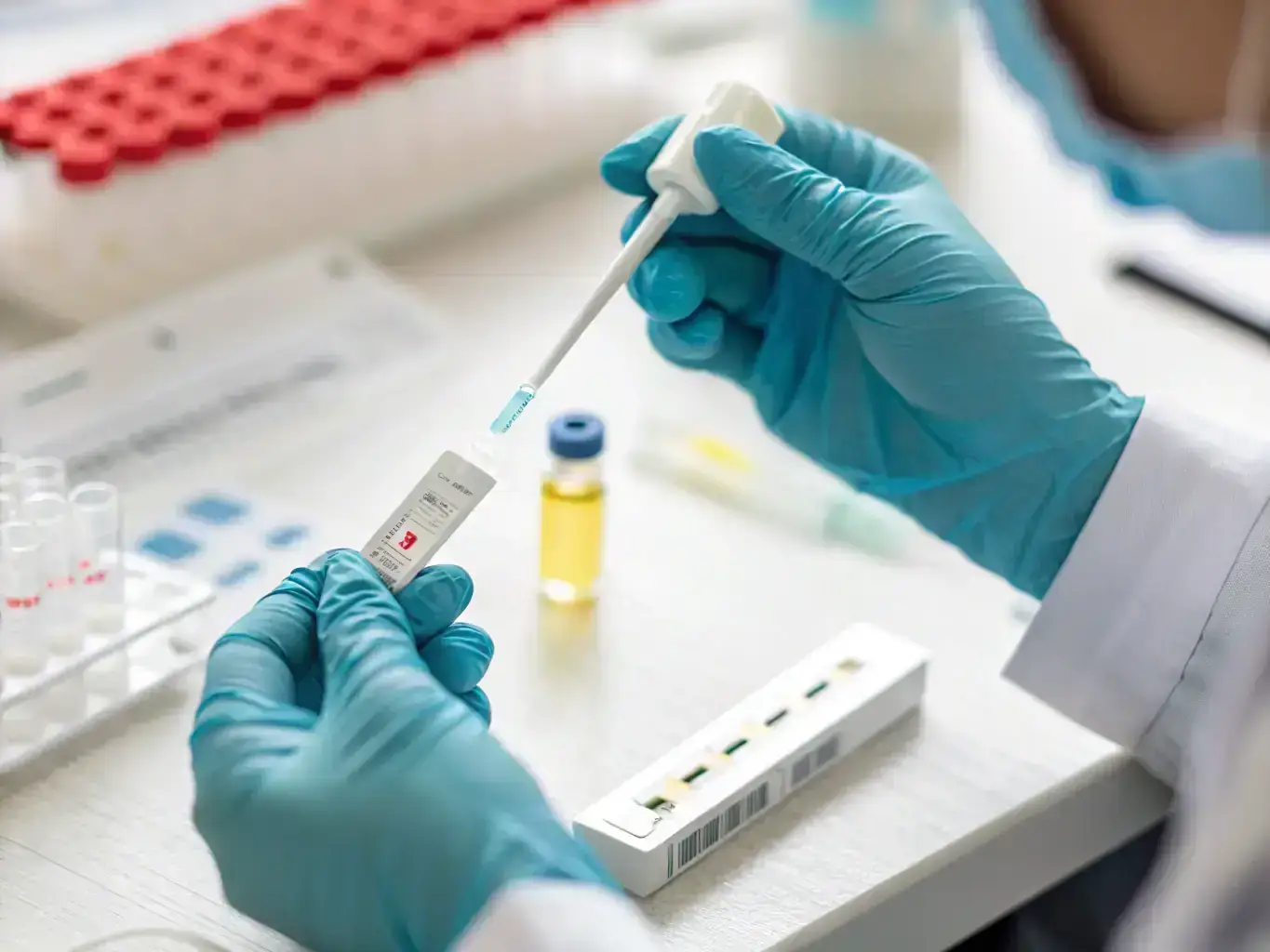 A close-up shot of a technician analyzing an oil sample in a laboratory setting, with various testing equipment visible in the background. The lighting is bright and professional, emphasizing the precision and scientific nature of the analysis.